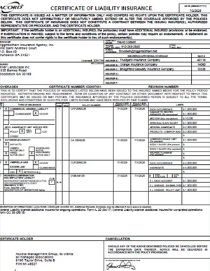 Certificate of Liability Insurance