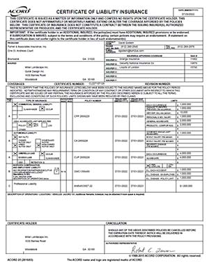 Certificate of Liability Insurance